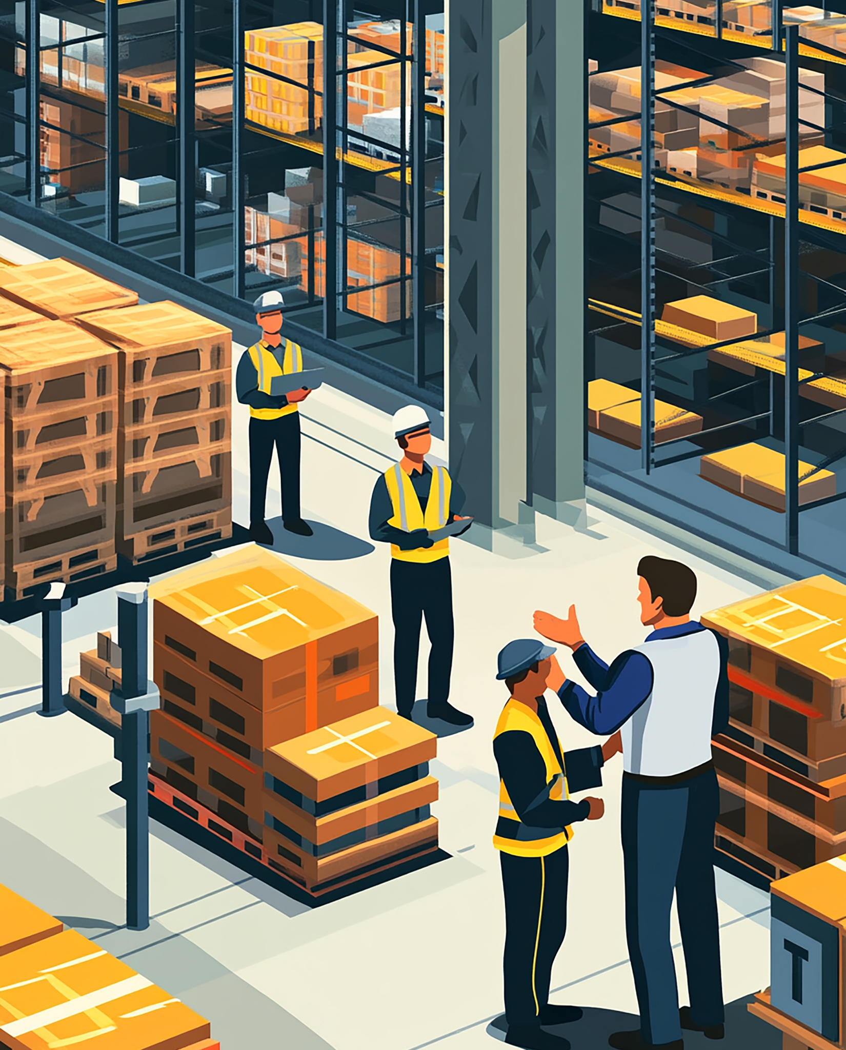 Warehouse with workers and packages